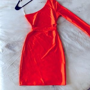Neon orange one shoulder nylon/spandex dress